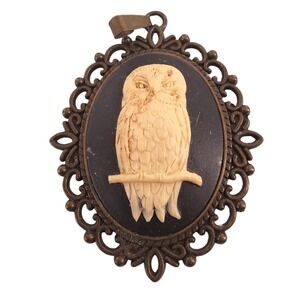 Vintage Style Owl Cameo Pendant‎ | Bronze Tone Filigree Jewelry